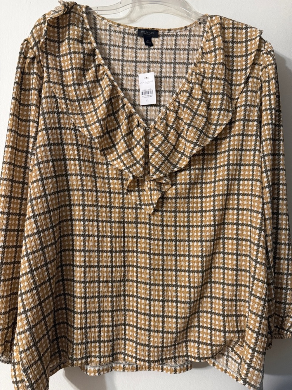 Ann Taylor Mustard Plaid Ruffle V-Neck Tunic